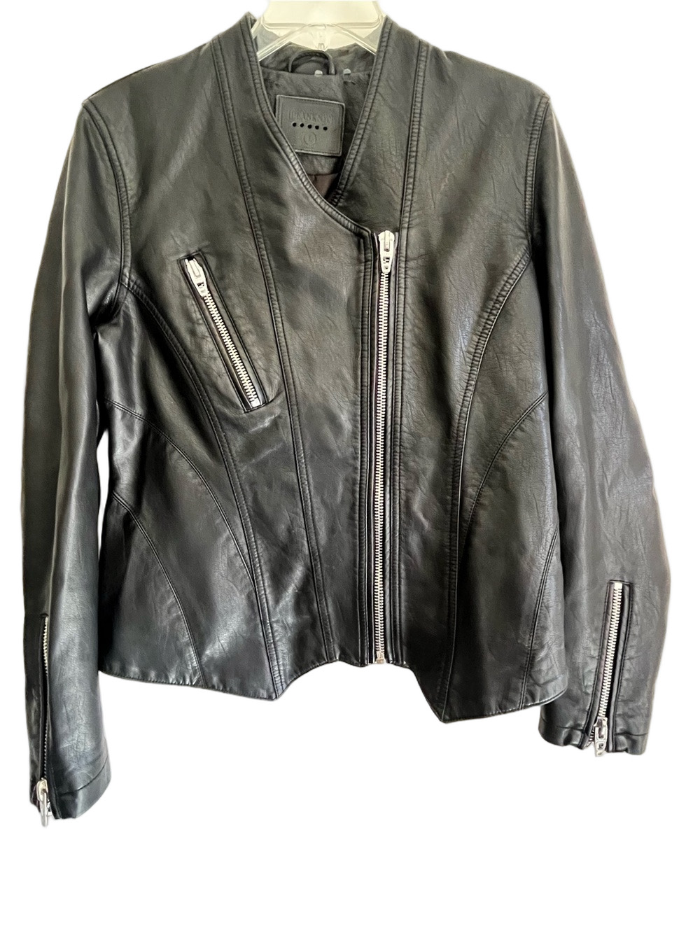 Blank NYC Black Asymmetric Zip Faux Leather Moto Jacket Silver Hardwear Women L